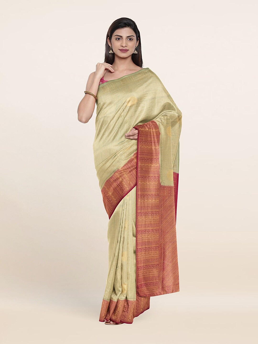 

Pothys Green & Red Ethnic Motifs Zari Art Silk Banarasi Saree