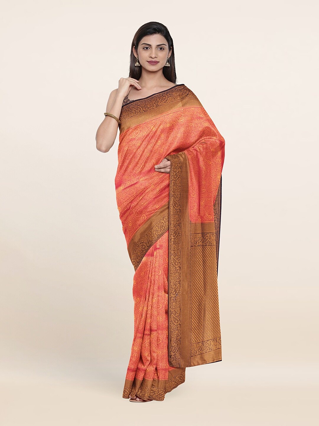 

Pothys Pink & Copper-Toned Ethnic Motifs Zari Art Silk Banarasi Saree