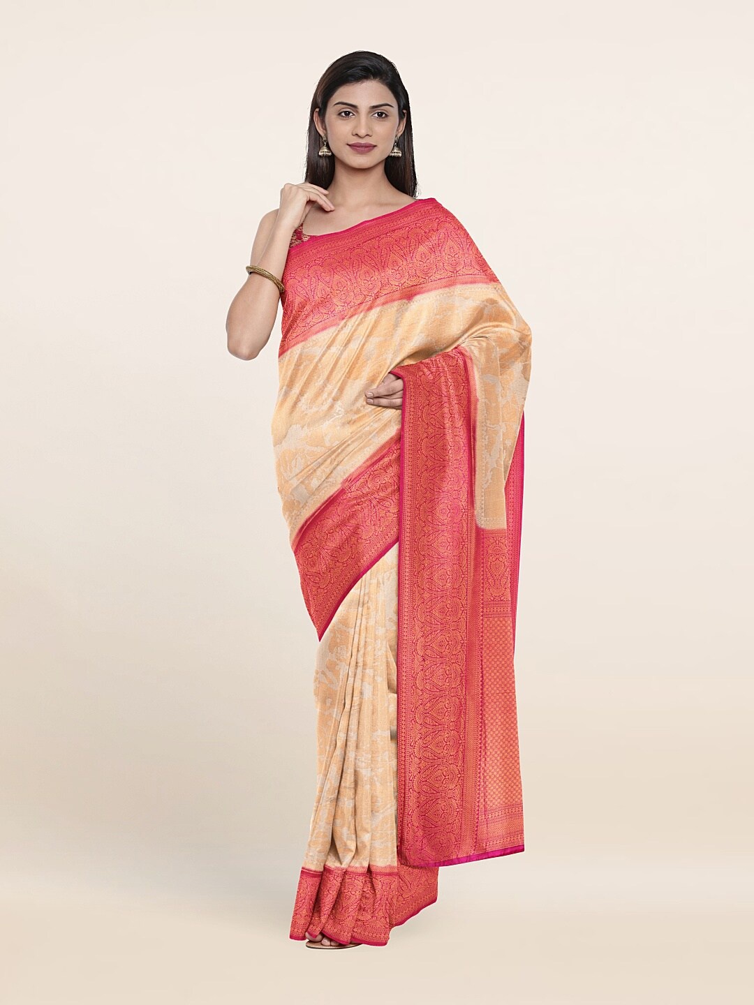 

Pothys Cream-Coloured & Pink Ethnic Motifs Zari Jute Silk Saree