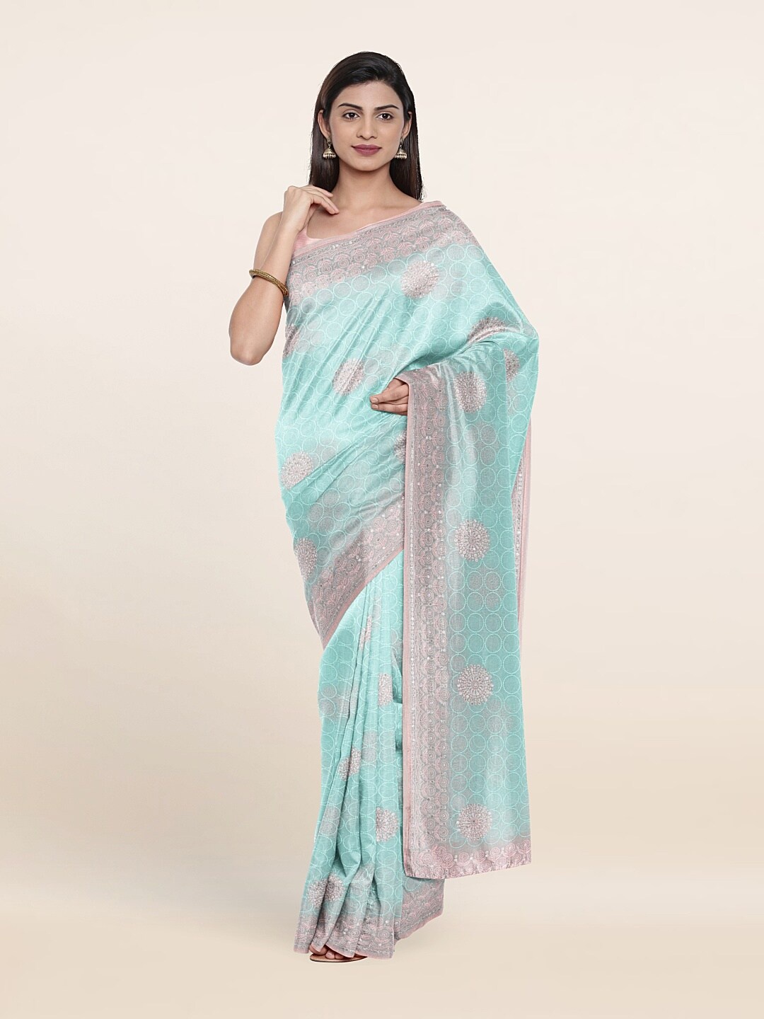 

Pothys Turquoise Blue & Pink Floral Beads and Stones Georgette Saree