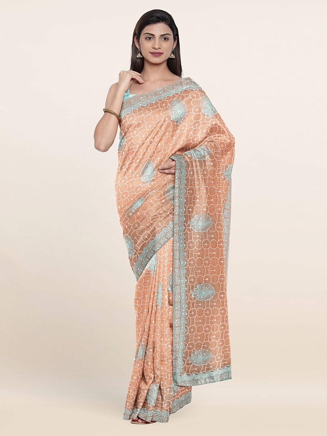 

Pothys Peach-Coloured & Turquoise Blue Ethnic Motifs Sequinned Georgette Saree