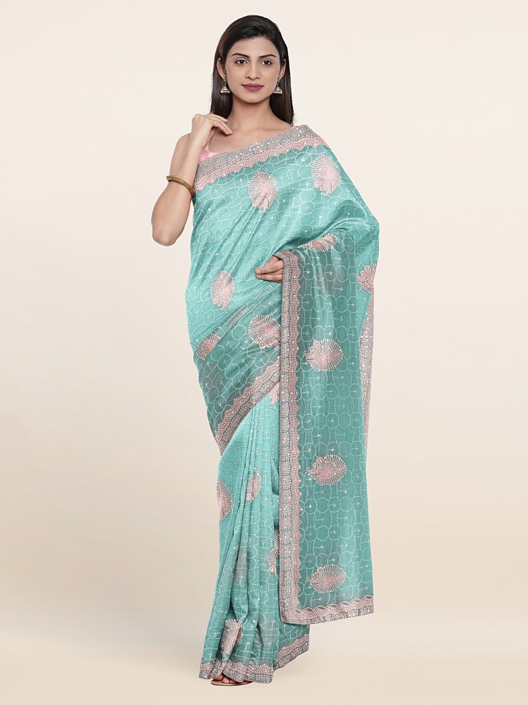 

Pothys Turquoise Blue & Pink Floral Embroidered Georgette Saree