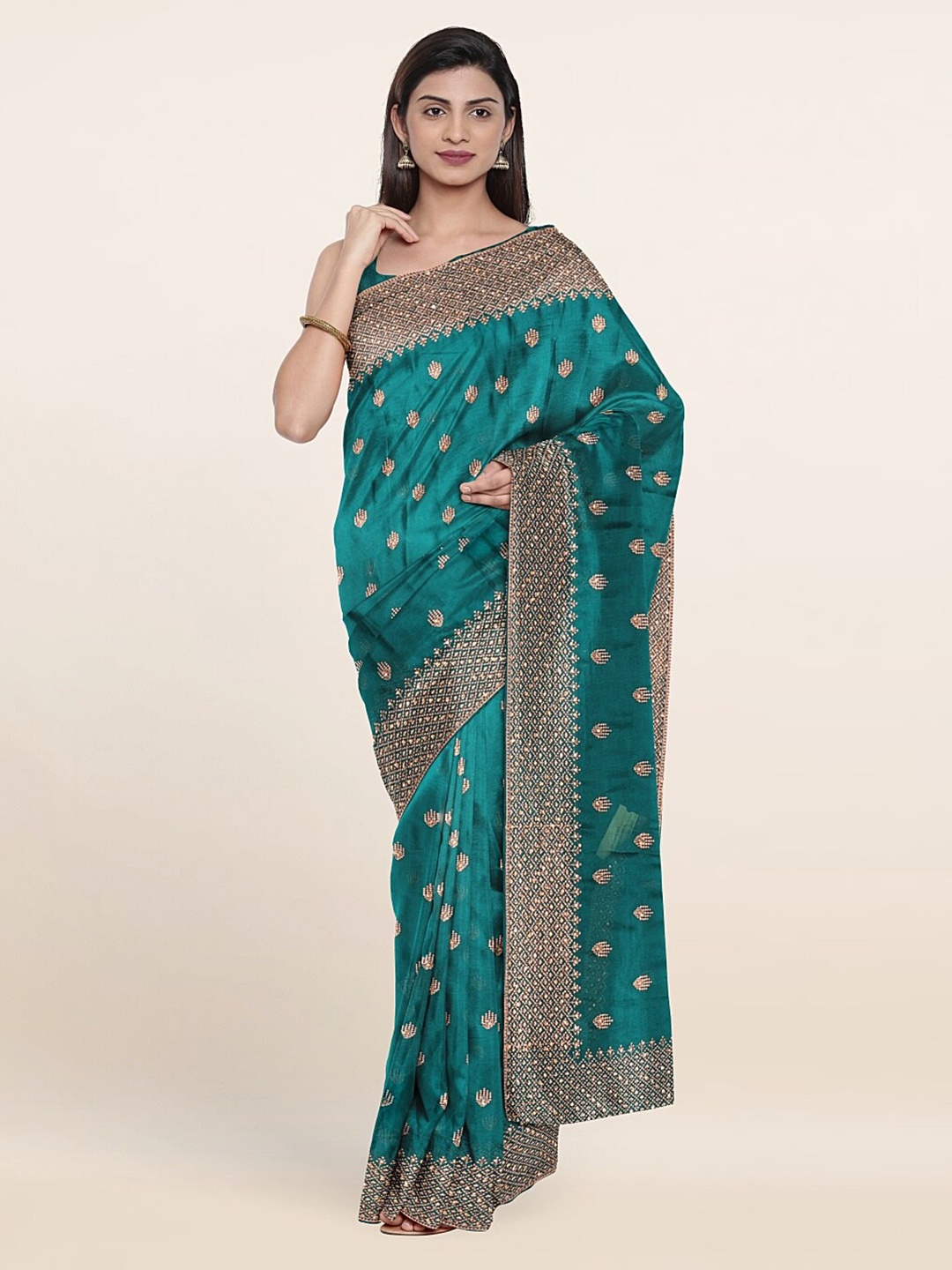 

Pothys Green & Gold-Toned Floral Embroidered Georgette Saree