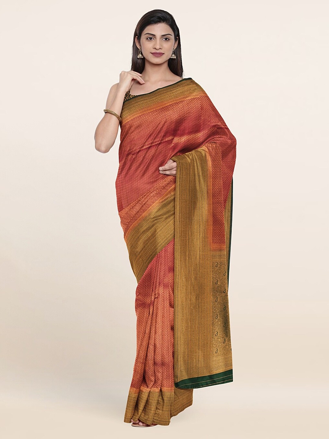 

Pothys Maroon & Gold-Toned Ethnic Motifs Zari Art Silk Banarasi Saree