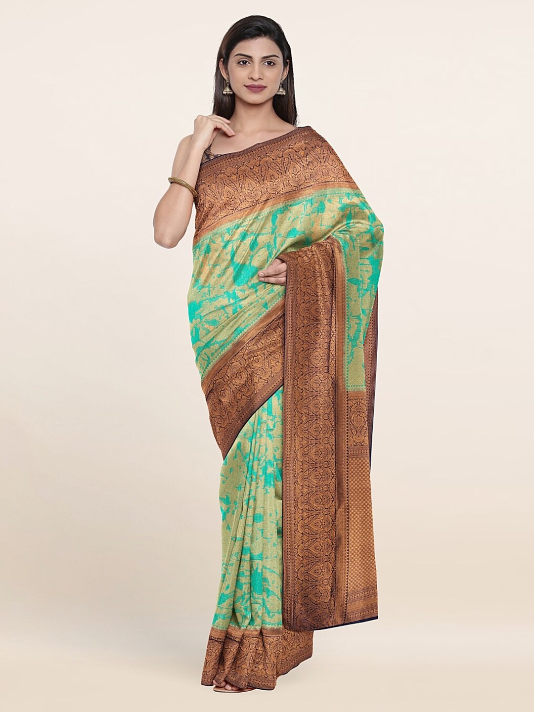 

Pothys Green & Gold-Toned Ethnic Motifs Zari Art Silk Banarasi Saree