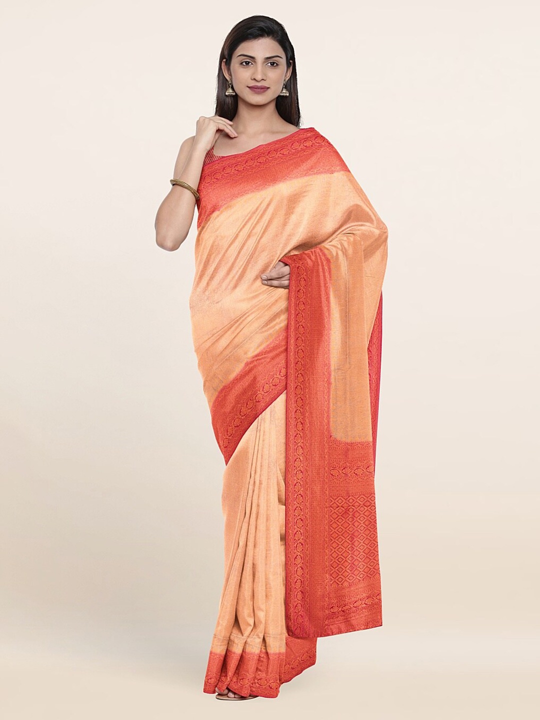 

Pothys Cream-Coloured & Pink Ethnic Motifs Zari Art Silk Banarasi Saree