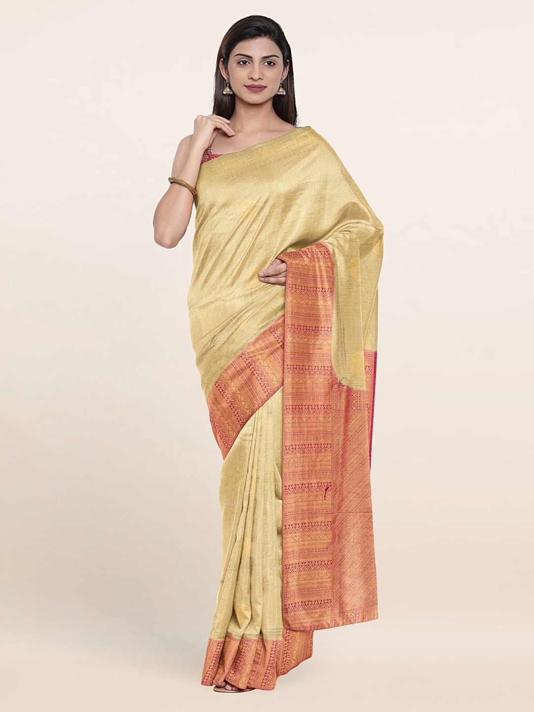 

Pothys Green & Gold-Toned Ethnic Motifs Zari Art Silk Banarasi Saree