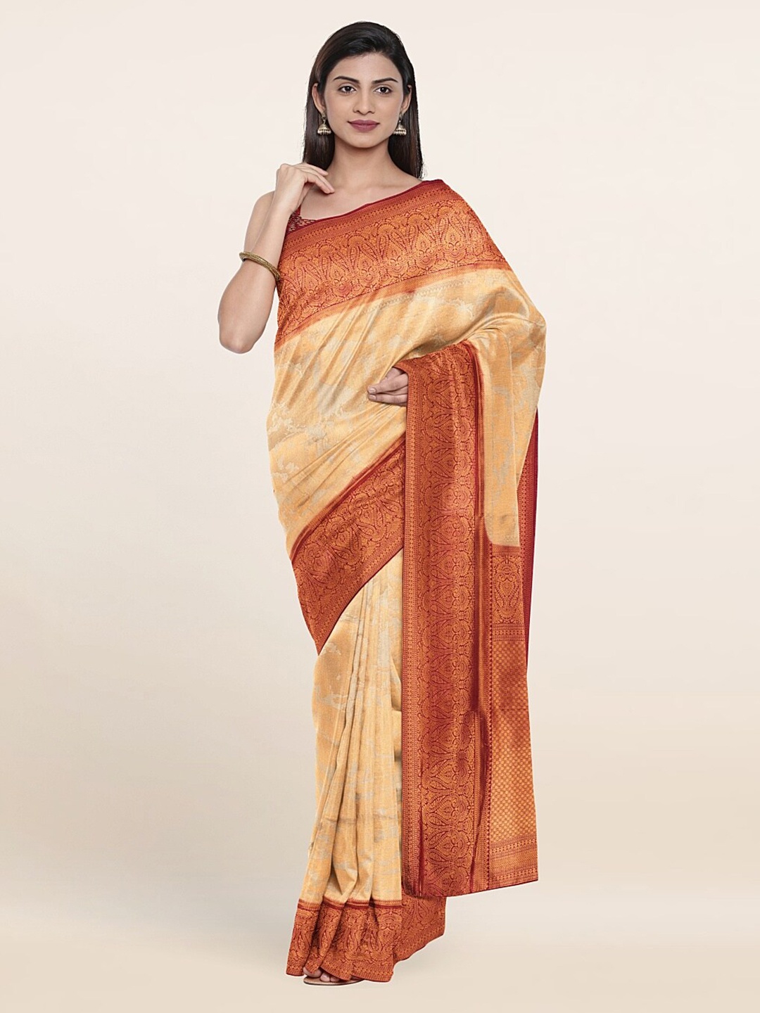 

Pothys Cream-Coloured & Red Ethnic Motifs Zari Art Silk Banarasi Saree