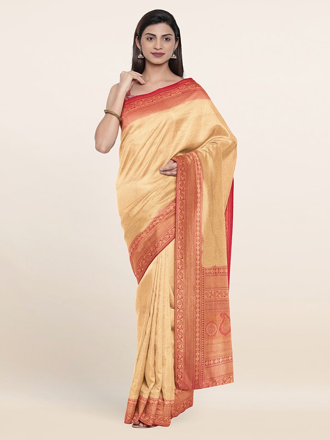 

Pothys Cream-Coloured & Red Ethnic Motifs Zari Art Silk Banarasi Saree