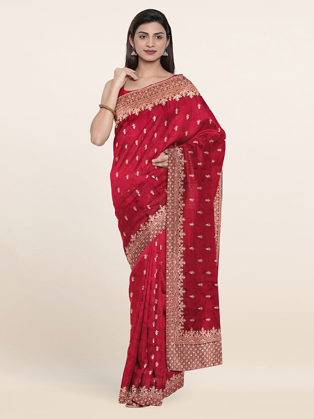 

Pothys Maroon & Gold-Toned Floral Embroidered Georgette Saree