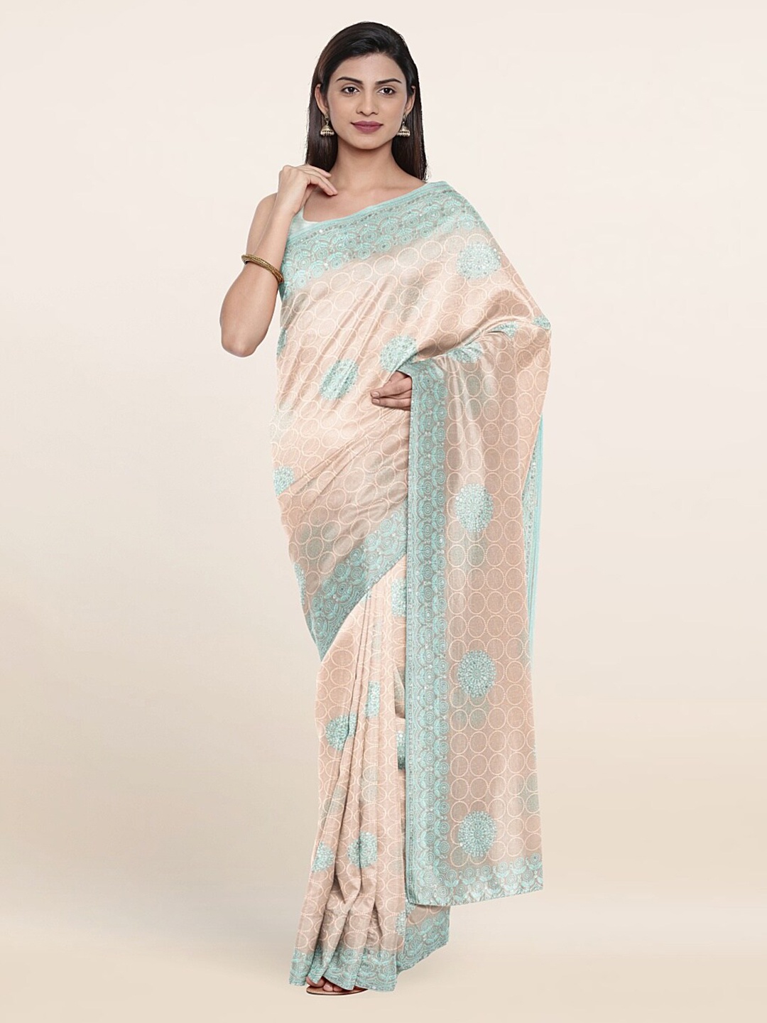 

Pothys Peach-Coloured & White Floral Embroidered Georgette Saree