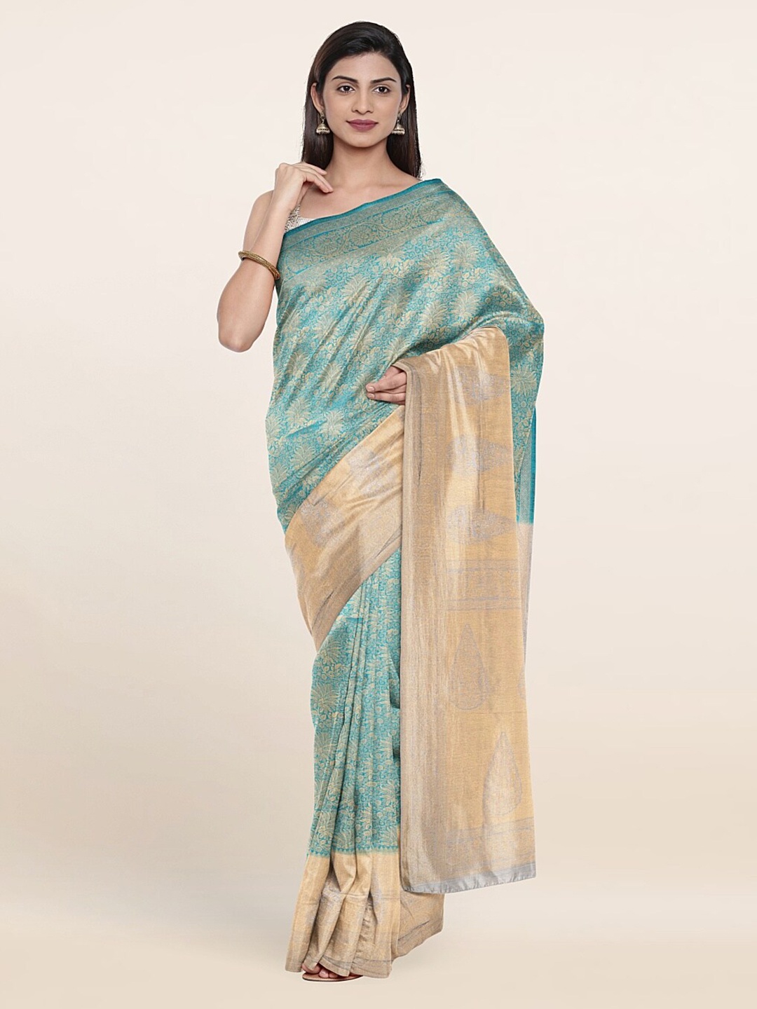

Pothys Blue & Beige Ethnic Motifs Zari Jute Silk Saree