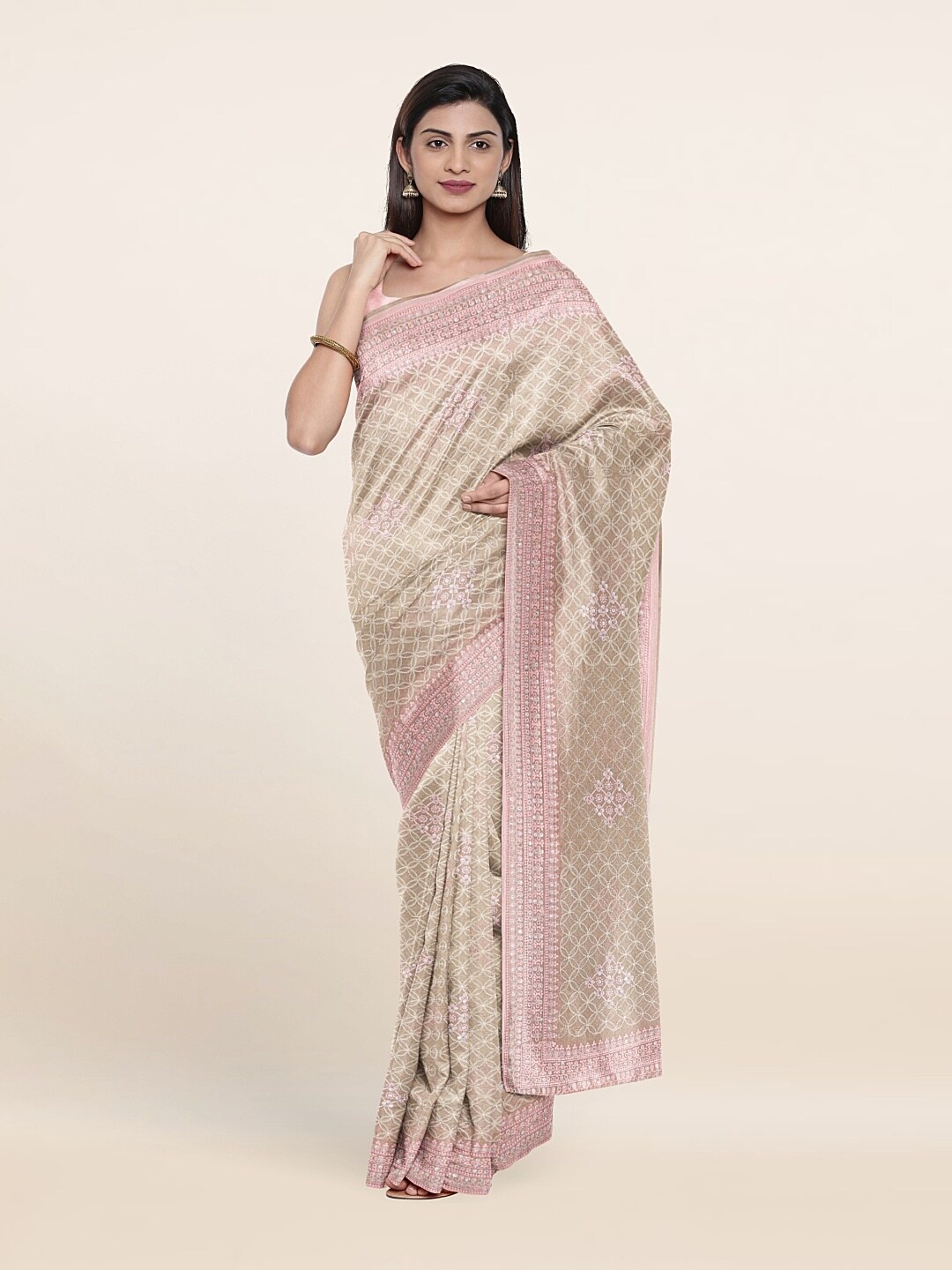 

Pothys Tan & Pink Floral Embroidered Georgette Saree