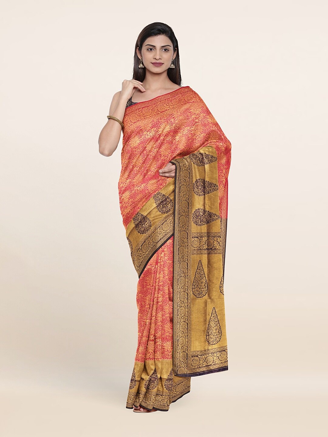 

Pothys Pink & Gold-Toned Ethnic Motifs Zari Jute Silk Saree