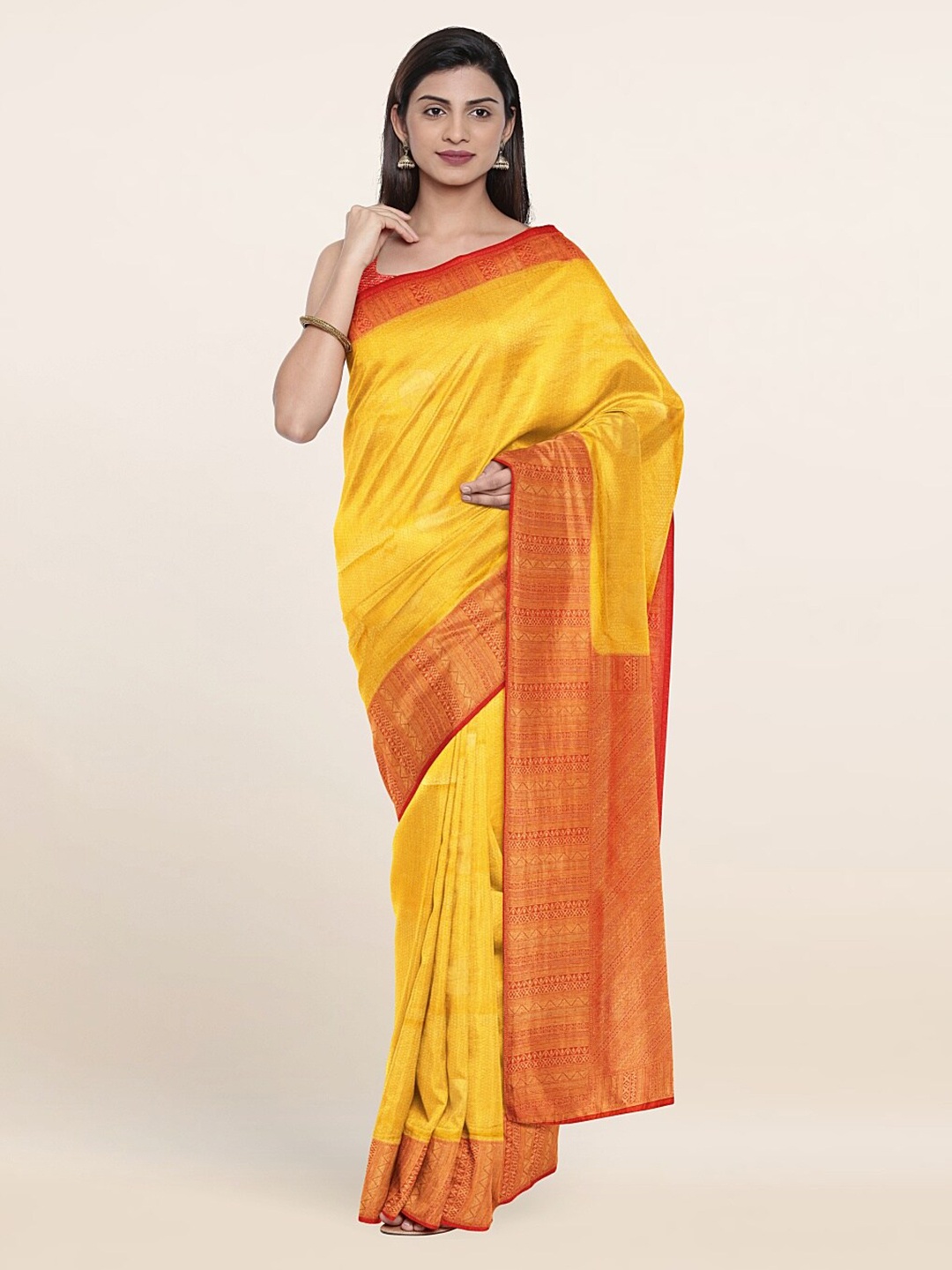 

Pothys Yellow & Red Ethnic Motifs Zari Jute Silk Saree