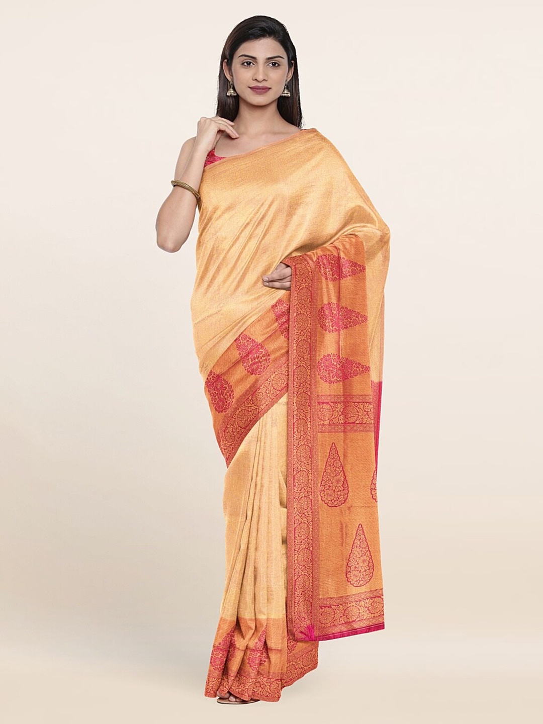 

Pothys Beige & Red Ethnic Motifs Zari Jute Silk Saree