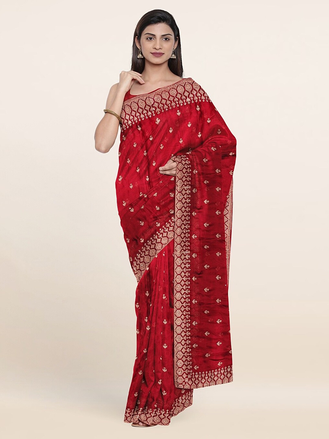 

Pothys Maroon & Gold-Toned Floral Embroidered Saree