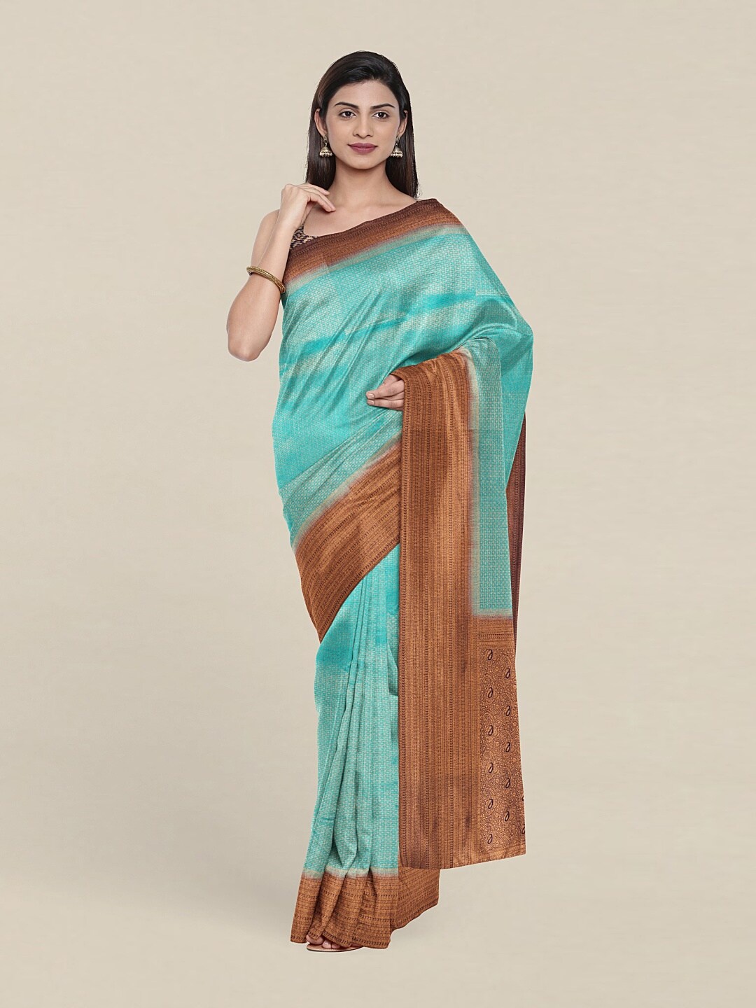 

Pothys Blue & Gold-Toned Ethnic Motifs Zari Art Silk Banarasi Saree