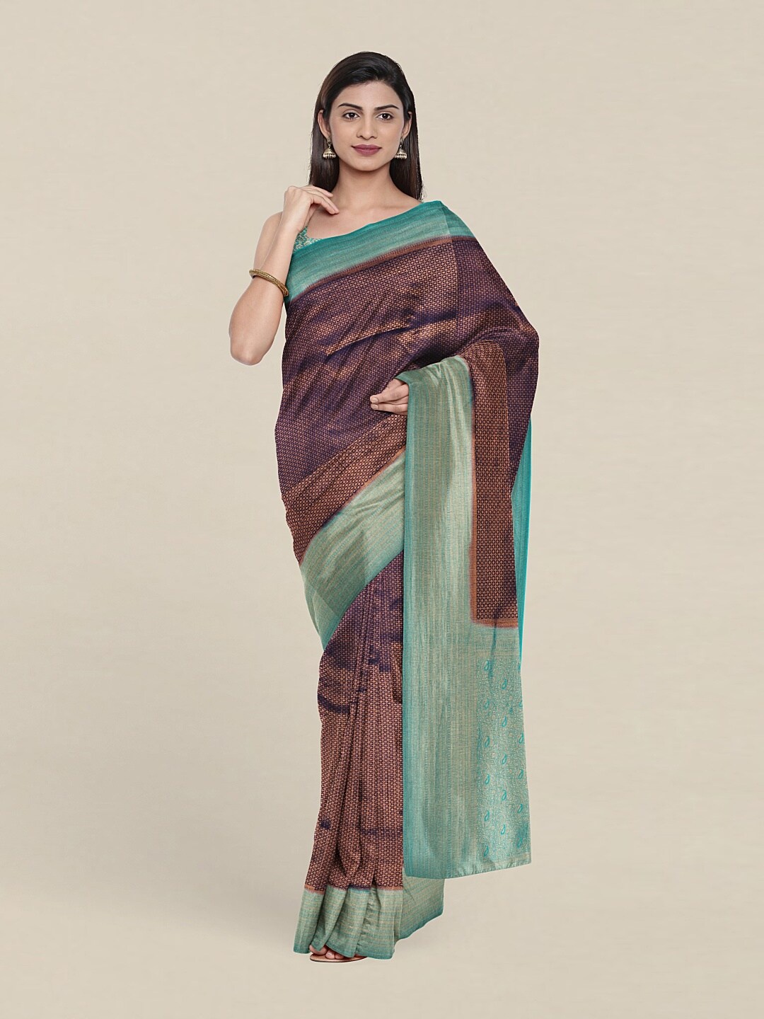 

Pothys Gold-Toned & Sea Green Ethnic Motifs Zari Art Silk Banarasi Saree