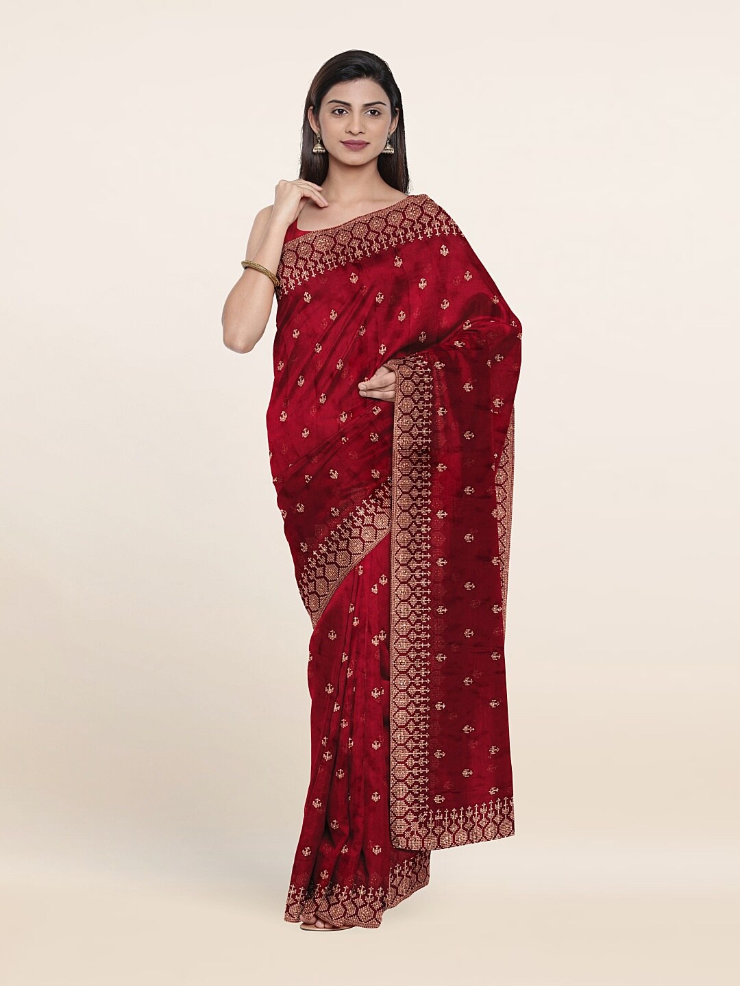 

Pothys Maroon & Gold-Toned Floral Embroidered Saree