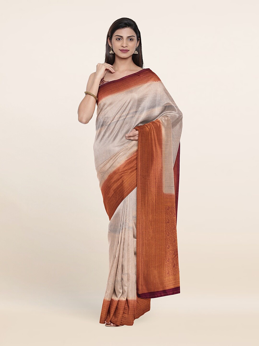 

Pothys Grey & Maroon Ethnic Motifs Zari Art Silk Saree