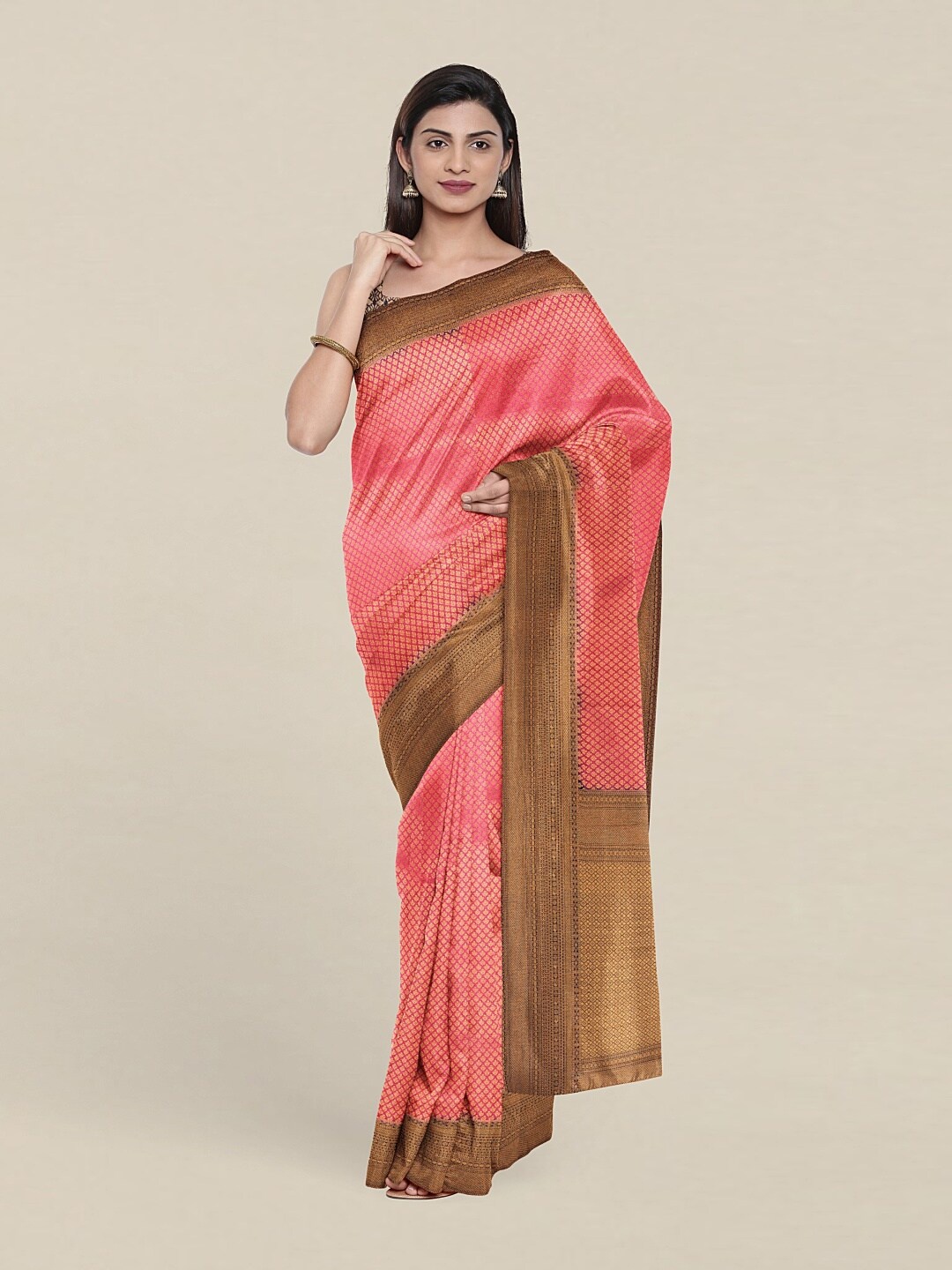 

Pothys Pink & Gold-Toned Ethnic Motifs Zari Art Silk Saree