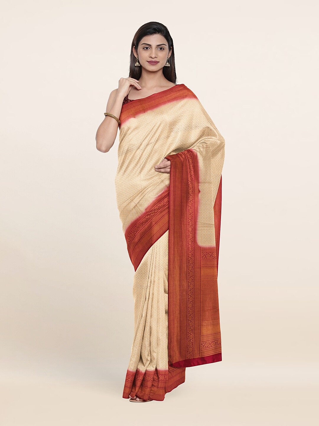 

Pothys Cream-Coloured & Red Zari Art Silk Saree