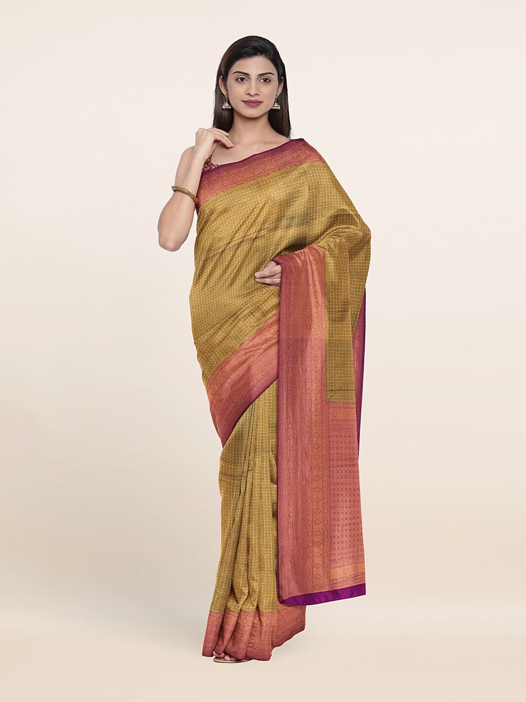 

Pothys Green & Gold-Toned Woven Design Art Silk Saree