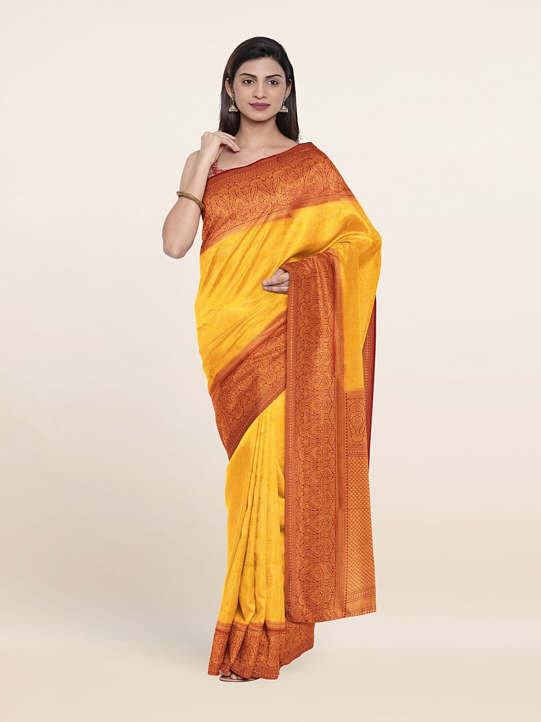 

Pothys Yellow & Red Ethnic Motifs Art Silk Saree