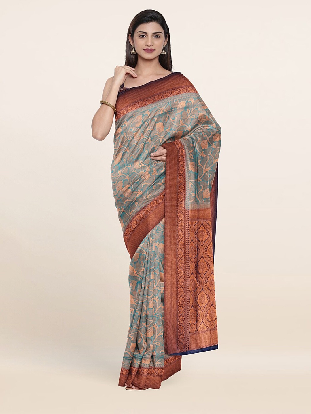 

Pothys Blue & Gold-Toned Floral Zari Jute Silk Saree