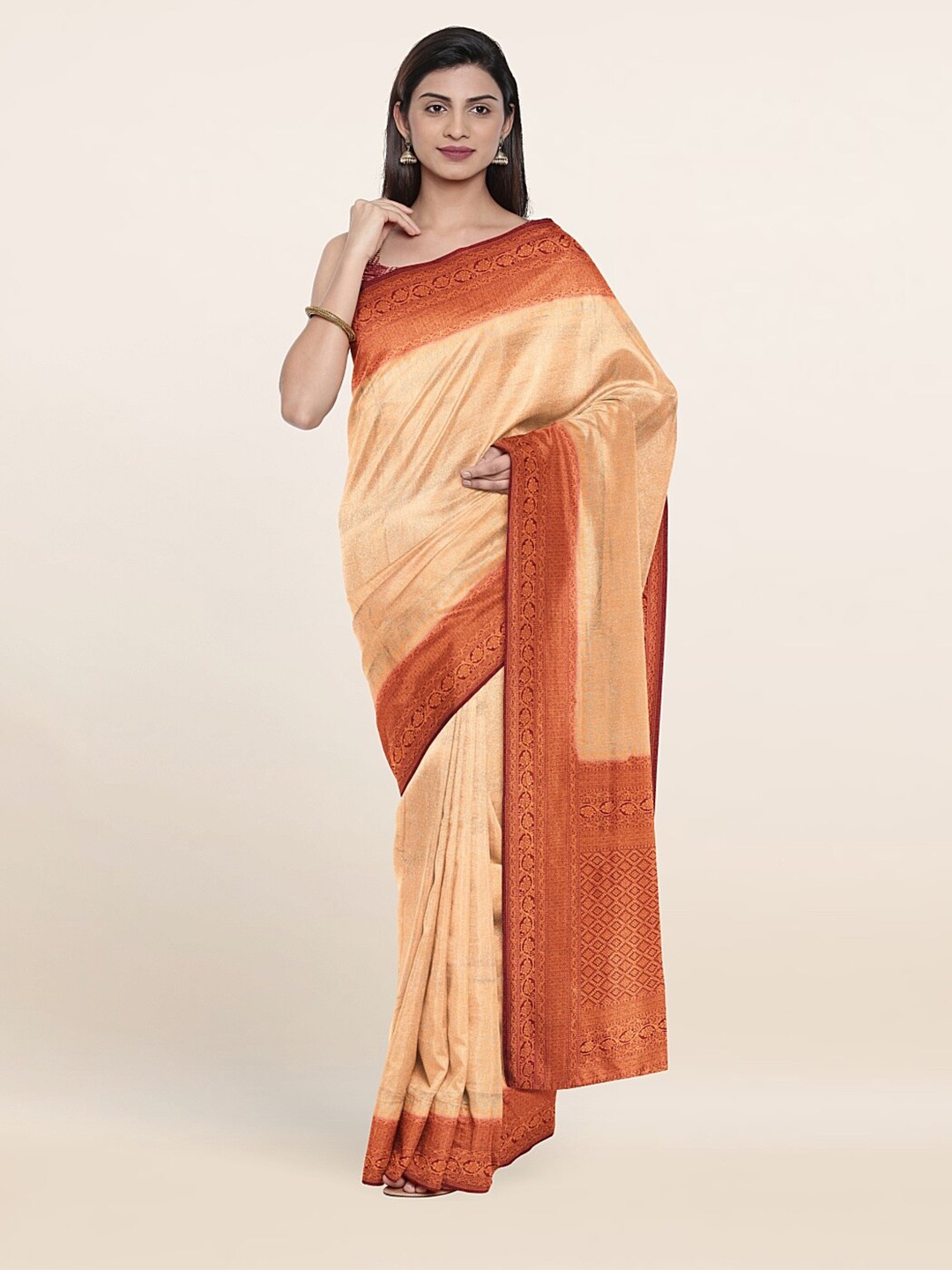 

Pothys Cream-Coloured & Red Ethnic Motifs Zari Art Silk Saree