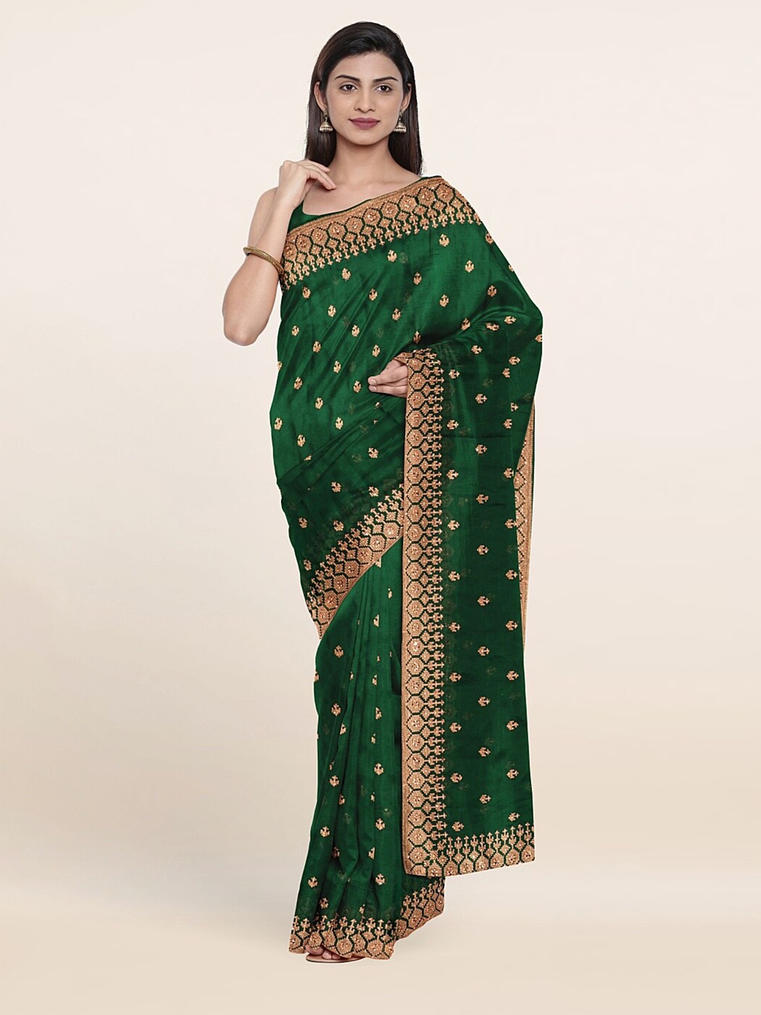 

Pothys Green & Gold-Toned Floral Embroidered Saree
