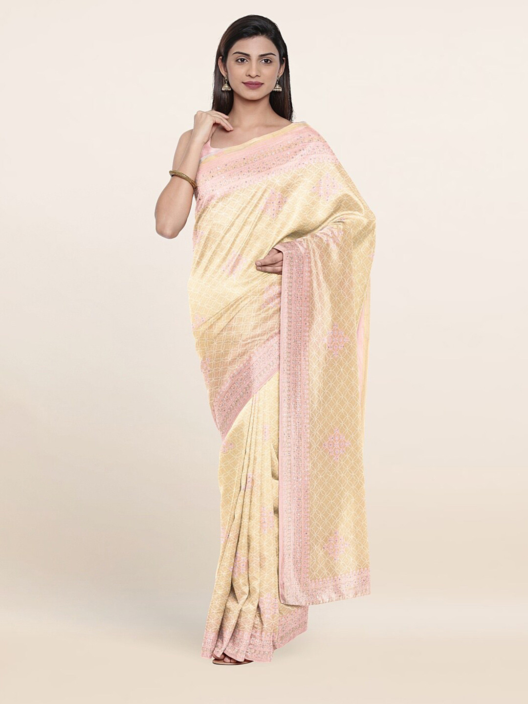 

Pothys Cream-Coloured & Pink Floral Embroidered Saree