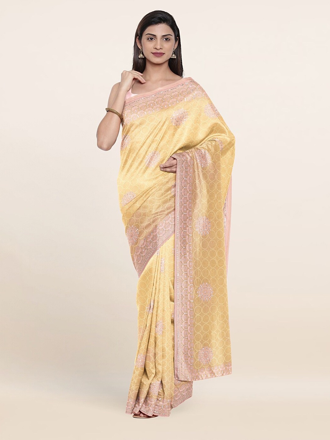 

Pothys Yellow & Pink Floral Embroidered Saree