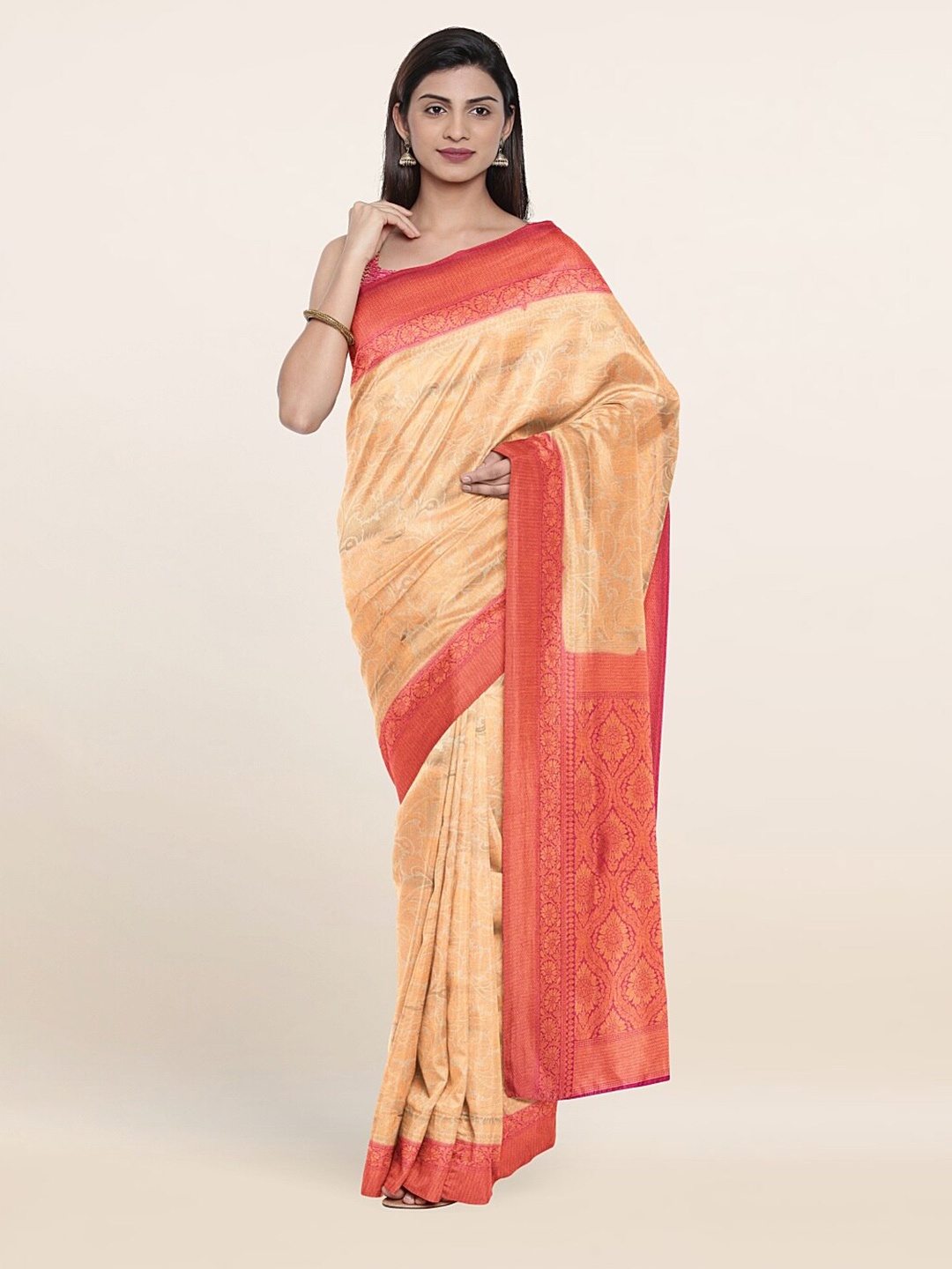 

Pothys Cream-Coloured & Red Floral Zari Jute Silk Saree