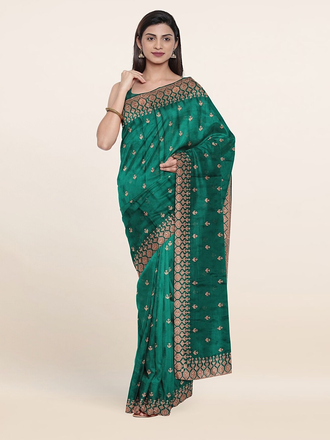 

Pothys Green & Gold-Toned Floral Embroidered Saree
