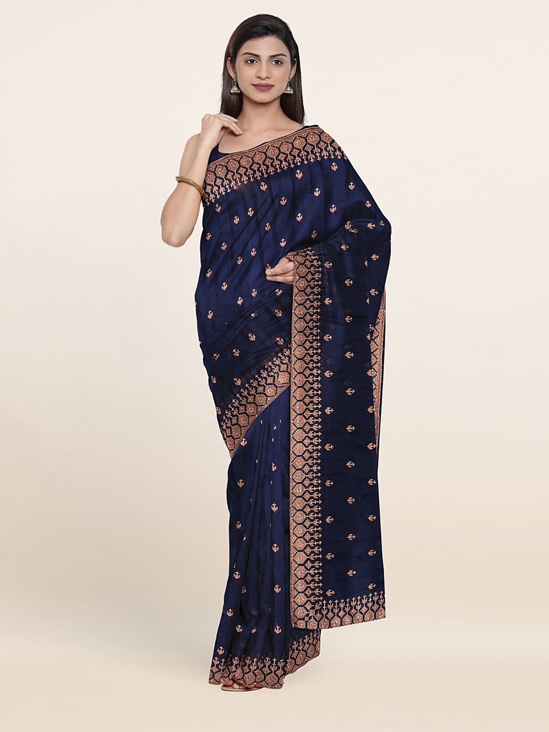 

Pothys Blue & Gold-Toned Floral Embroidered Saree