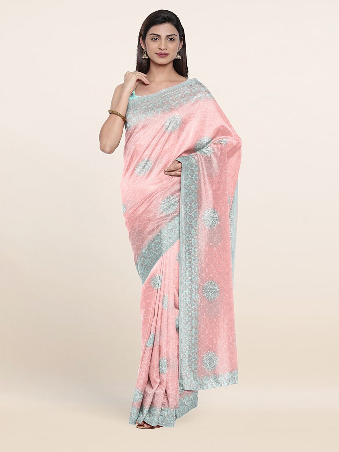 

Pothys Pink & Blue Floral Embroidered Saree