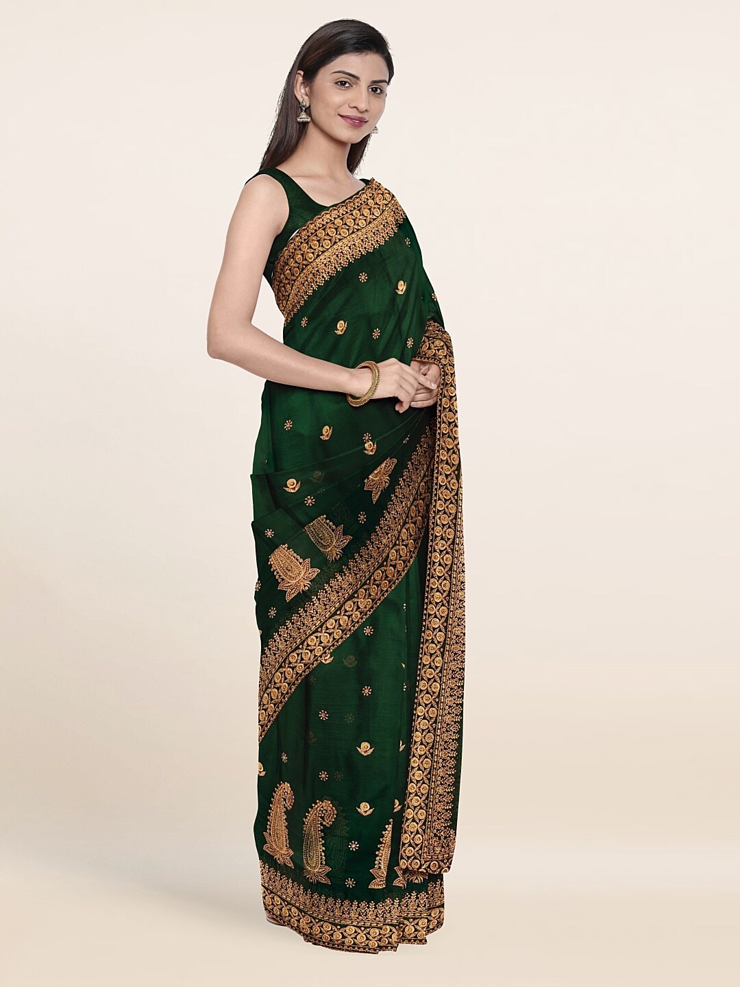

Pothys Green & Gold-Toned Paisley Embroidered Saree