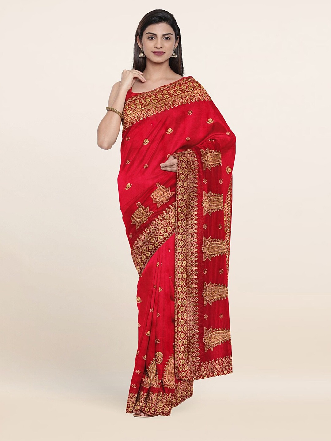 

Pothys Maroon & Gold-Toned Paisley Embroidered Saree