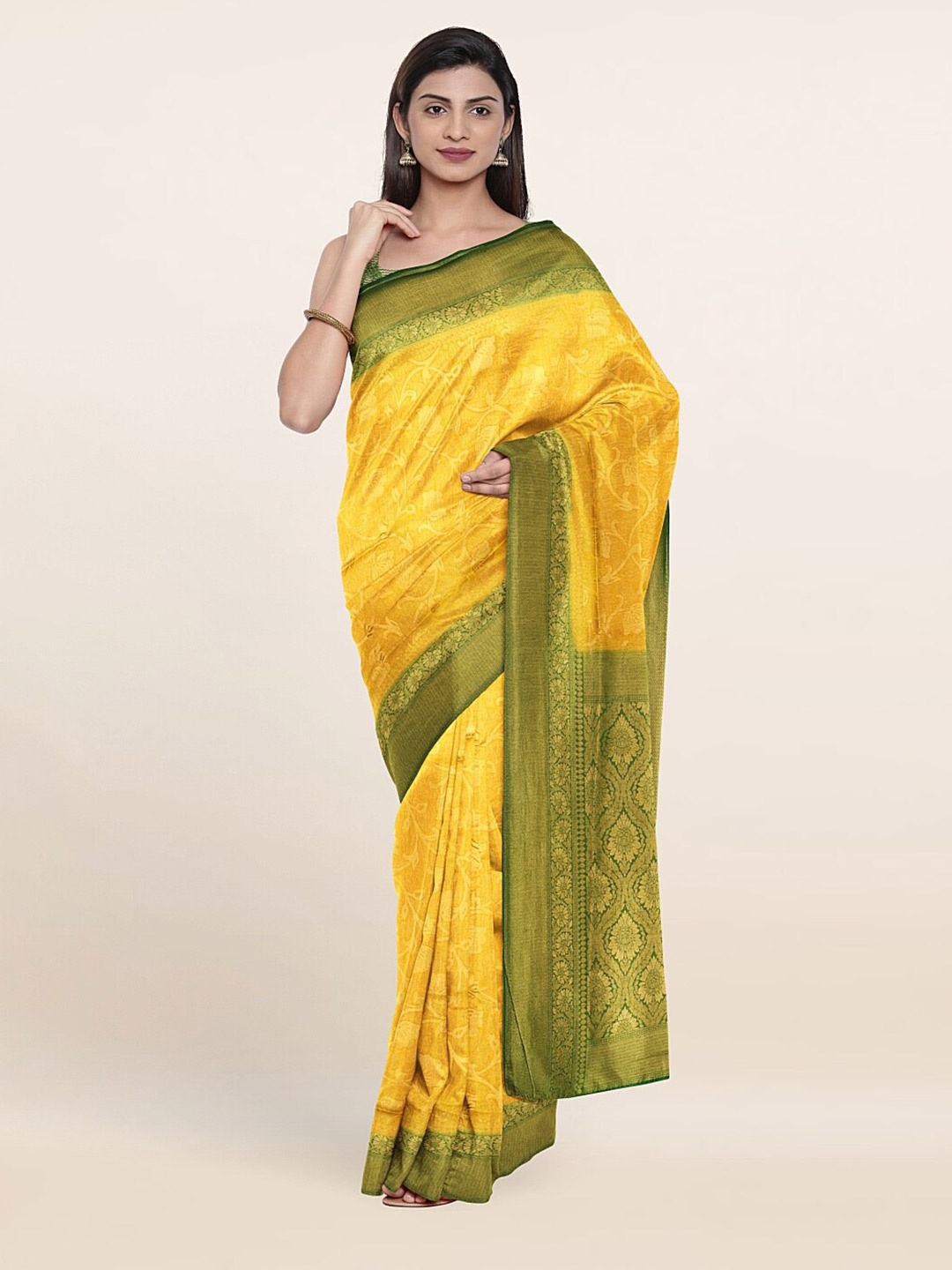 

Pothys Yellow & Green Floral Zari Art Silk Saree