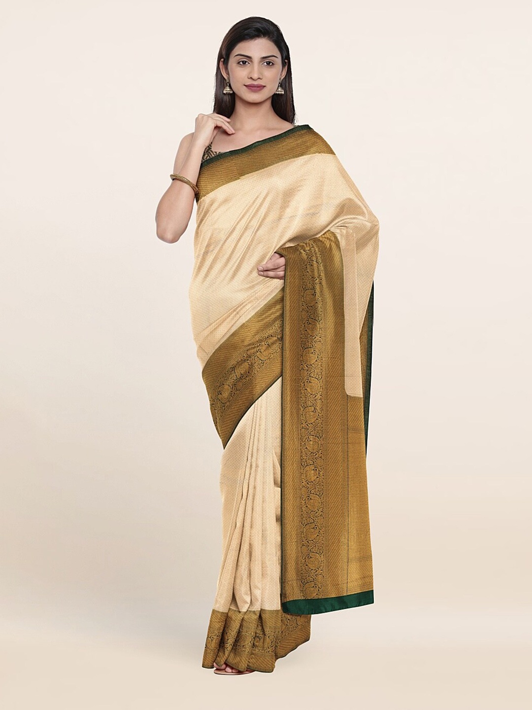 

Pothys Cream-Coloured & Gold-Toned Ethnic Motifs Zari Art Silk Saree