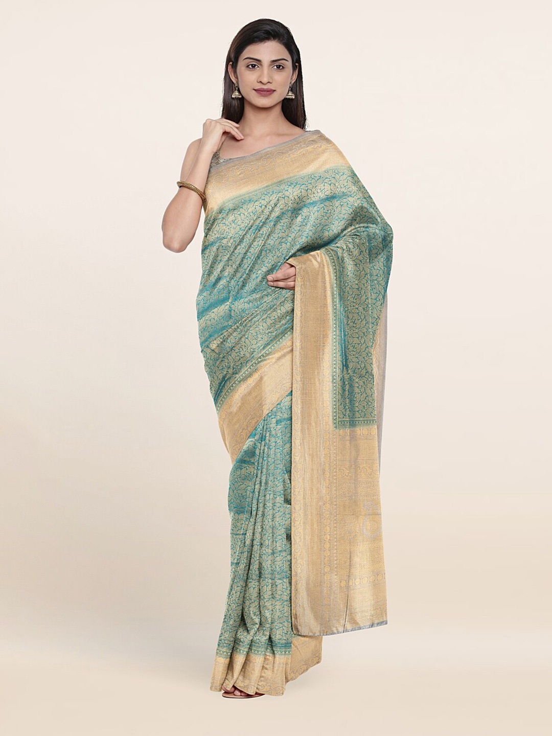 

Pothys Blue & Gold-Toned Floral Zari Art Silk Saree
