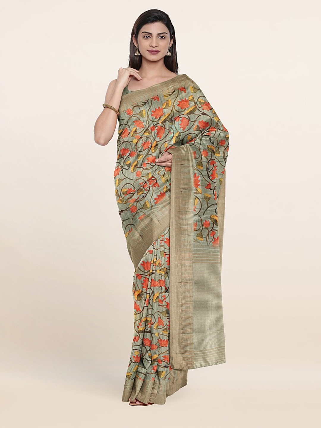 

Pothys Green & Red Floral Zari Jute Silk Saree