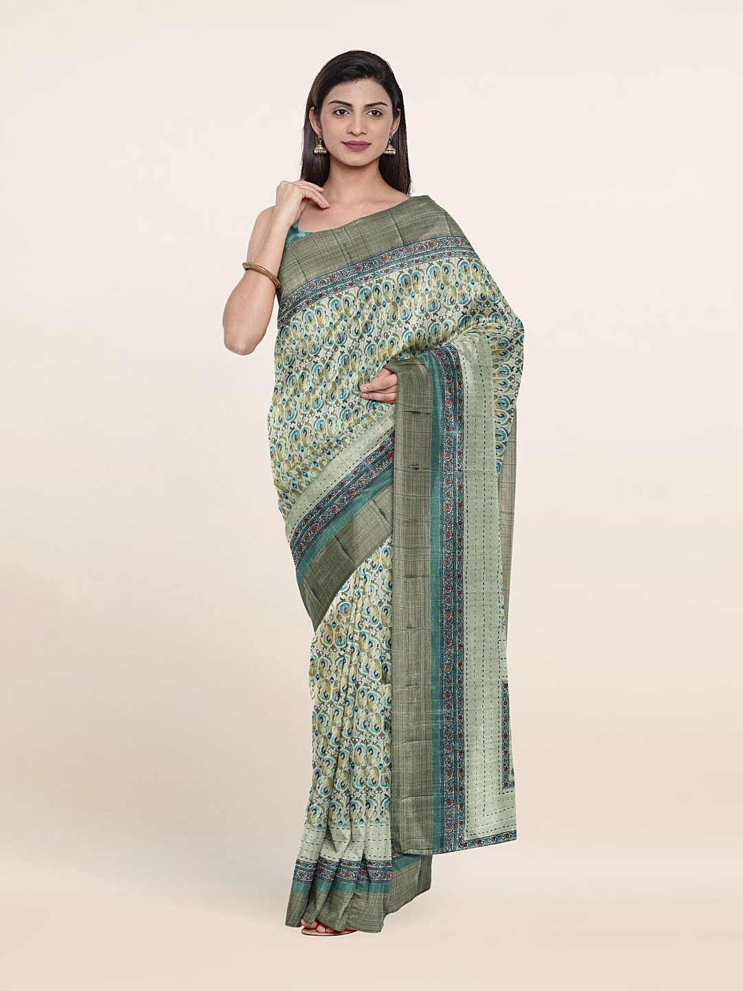 

Pothys Green & Blue Paisley Jute Silk Saree