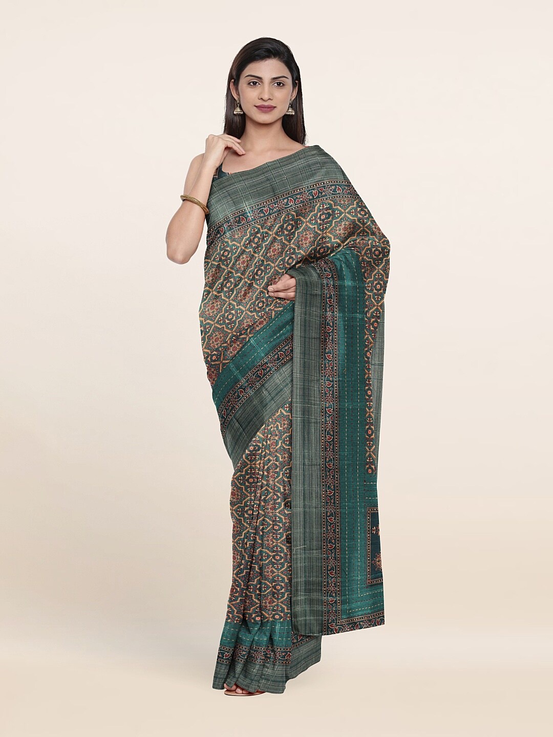 

Pothys Green & Yellow Ethnic Motifs Jute Silk Saree
