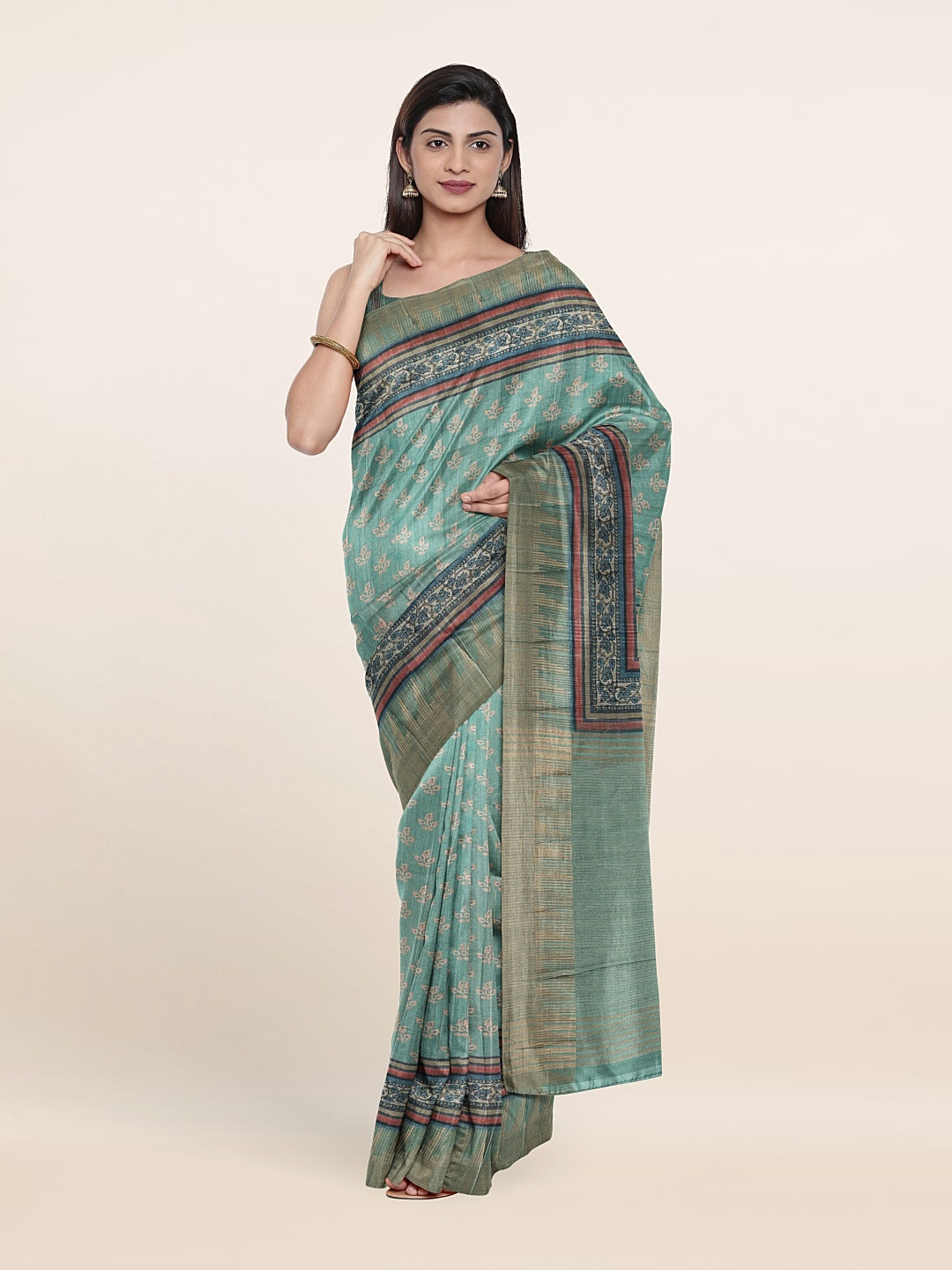 

Pothys Green & Pink Ethnic Motifs Jute Silk Saree