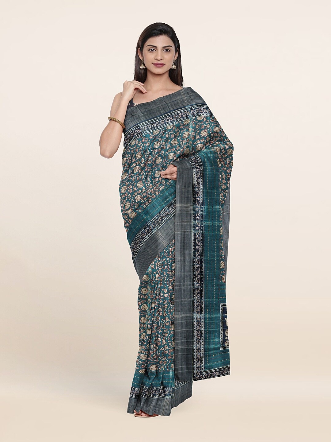 

Pothys Green & Red Floral Jute Silk Saree