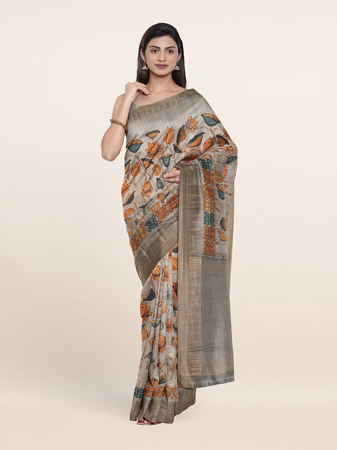 

Pothys Grey & Mustard Floral Zari Jute Silk Saree