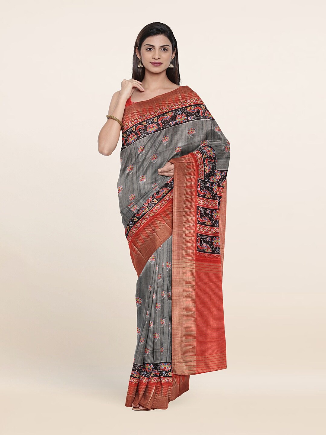 

Pothys Grey & Red Floral Jute Silk Saree